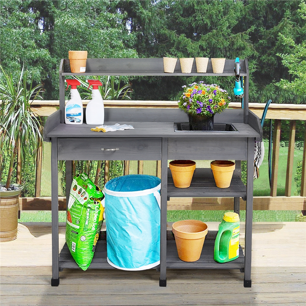 Renwick Fir Garden Potting Bench W Sink Drawer Rack Shelves Gray