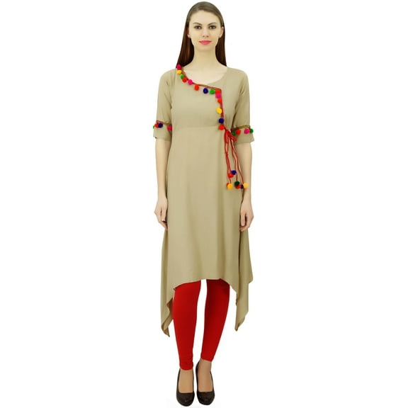Phagun Angrakha Style Rayon Womens Tunic Kurta Pom-Pom Designer Kurti Top Indian Clothing