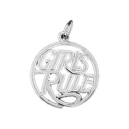 18K White Gold Girls Rule Saying Pendant - 22 mm