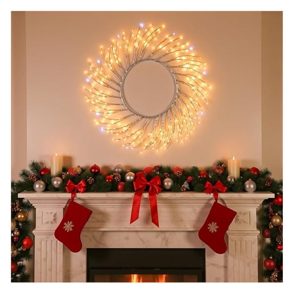 Christmas Wreath with Lights 22 Inch, 260 LED Prelit Holiday Wreath, USB Powered Sparkling Branches for Front Door, Christmas Decor, Year-Round Winter Decor (Silver)