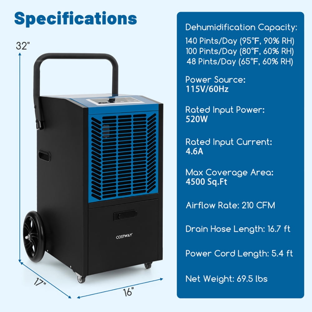 Topcobe 140 Pints Commercial Dehumidifier Crawl Space Dehumidifier with Pump and Drain Hose, Dehumidifier for Home Basement and Large Room, Blue