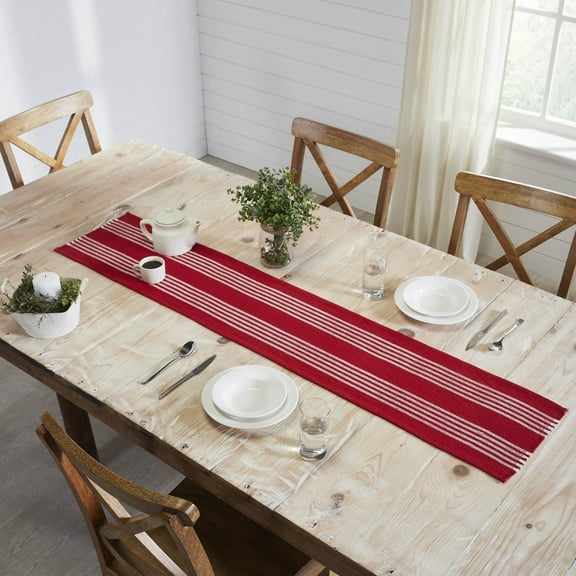 VHC Brands Farmhouse Table Decor Arendal Red Stripe Runner Fringed Christmas Decorations - 12x60 inches