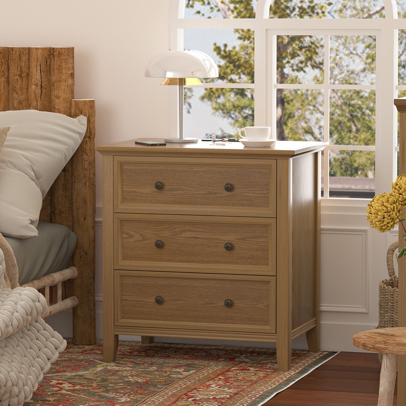 Gacfiew Solid Wood Nightstand with 3 Drawers and Power Outlet, Tall Bedside Cabinet 16.8" D x 27.6" W x 26.8" H, Single Unit for Bedroom, Teak