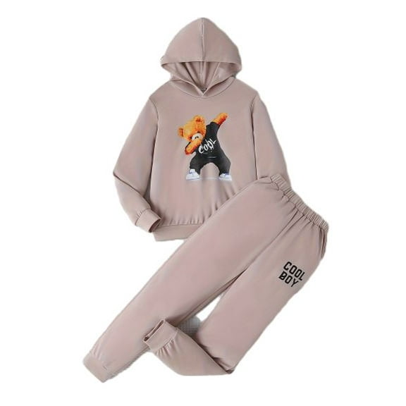 Okgogo Fall Winter Outfits For 13-14Y Big Boys Cool Hip Hop Bear Print Long Sleeve Hooded Tops Elastic Pants 2Pcs Clothes Set Khaki