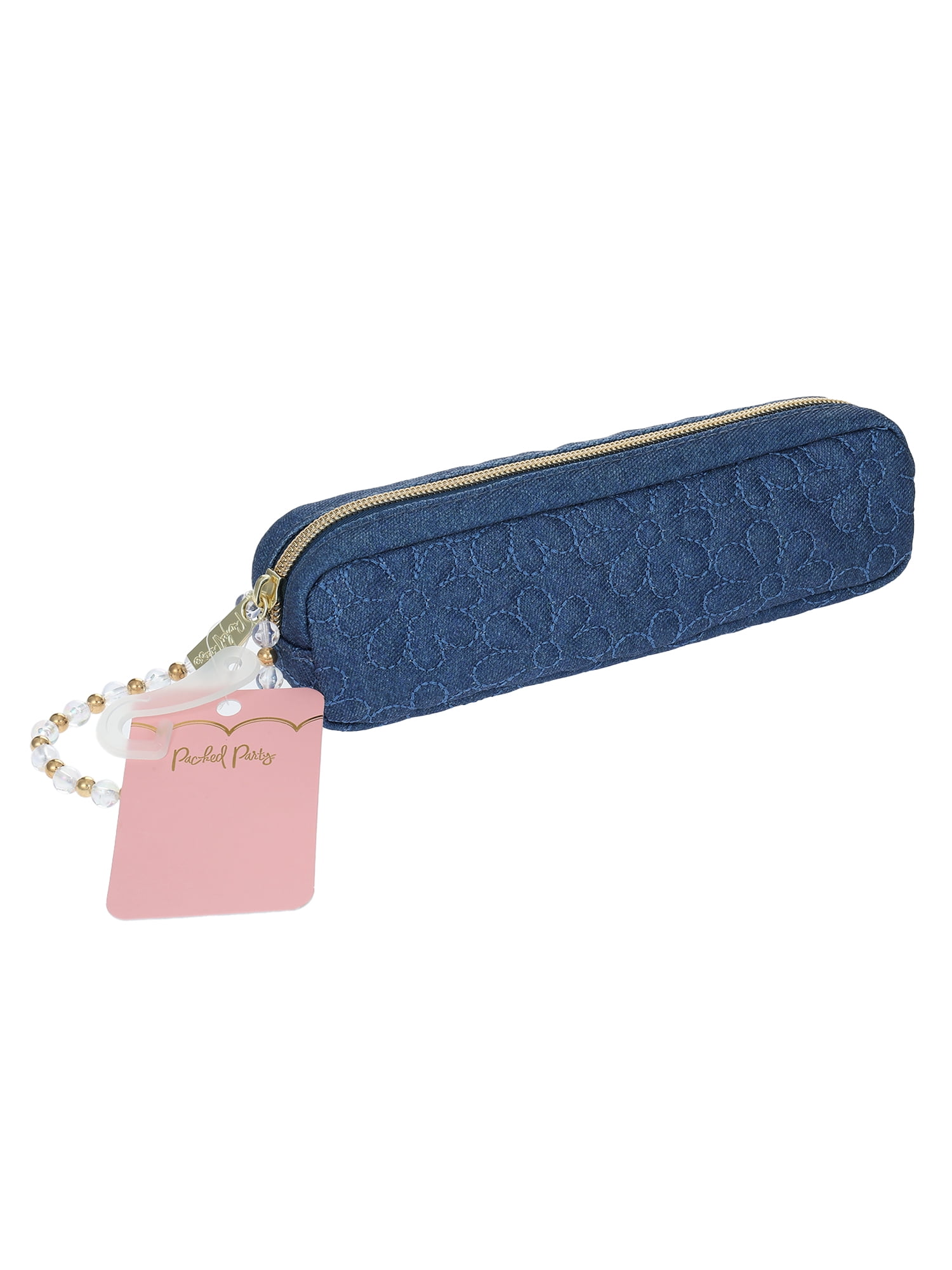 Packed Party Women's Daisy Denim Pencil Pouch with Beaded Strap in Blue