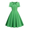 thumbnail image 5 of Quixlent Retro Women Dress Turn-down Collar Shortn Sleeves A-line Big Swing Buttons Slim Fit Solid Color 50s Ball Prom Midi Dress, 5 of 8