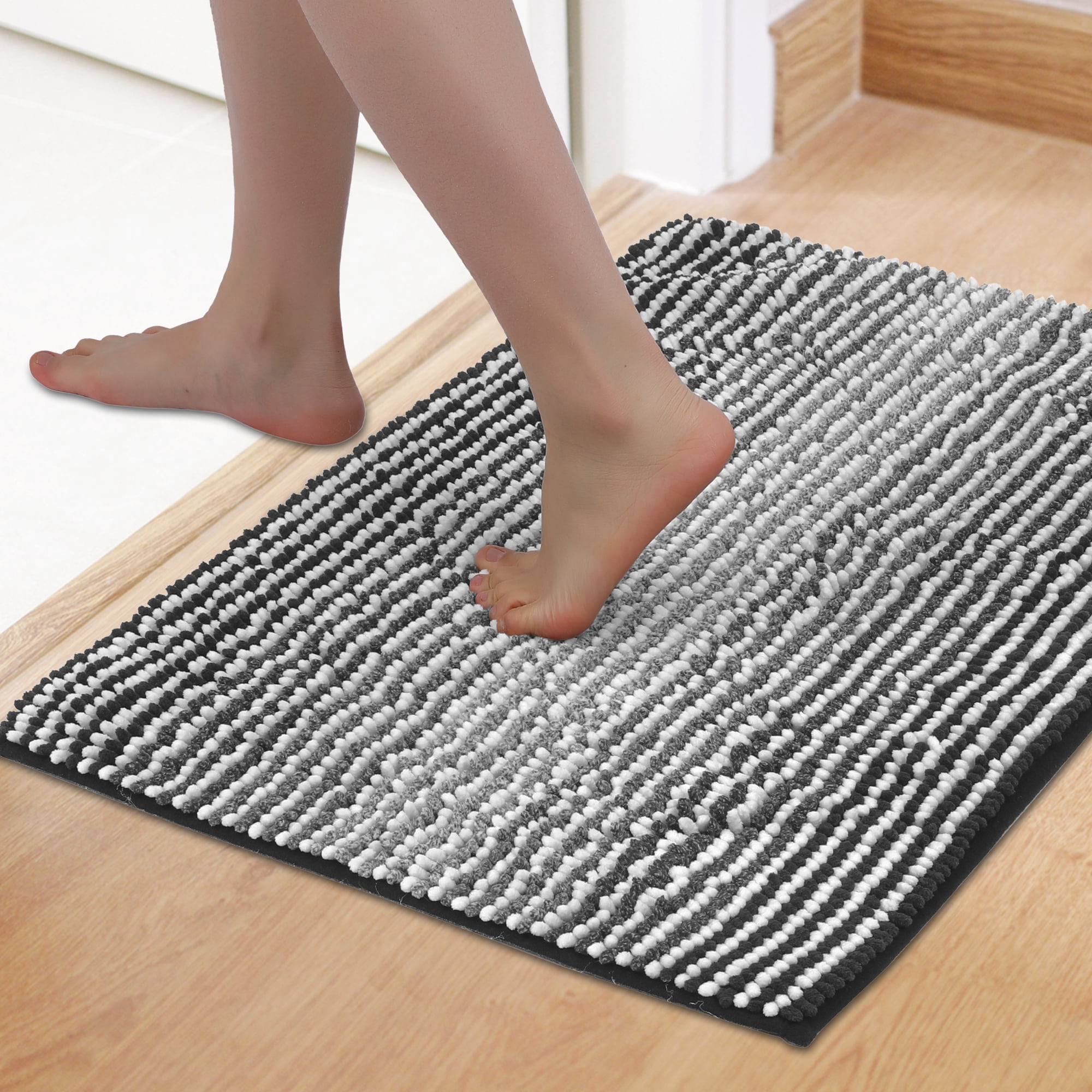 Unique Bargains Quick Dry Non Slip Chenille Bath Mat Cozy Shaggy Bath Rugs Black 16" x 24"