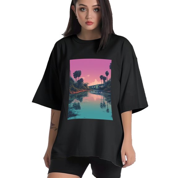 Plus Size Shirt for Women Black Tops for Women Short Sleeves Shirt for Women Vintage Landscape T Shirt Crewneck Shirt for Women XS