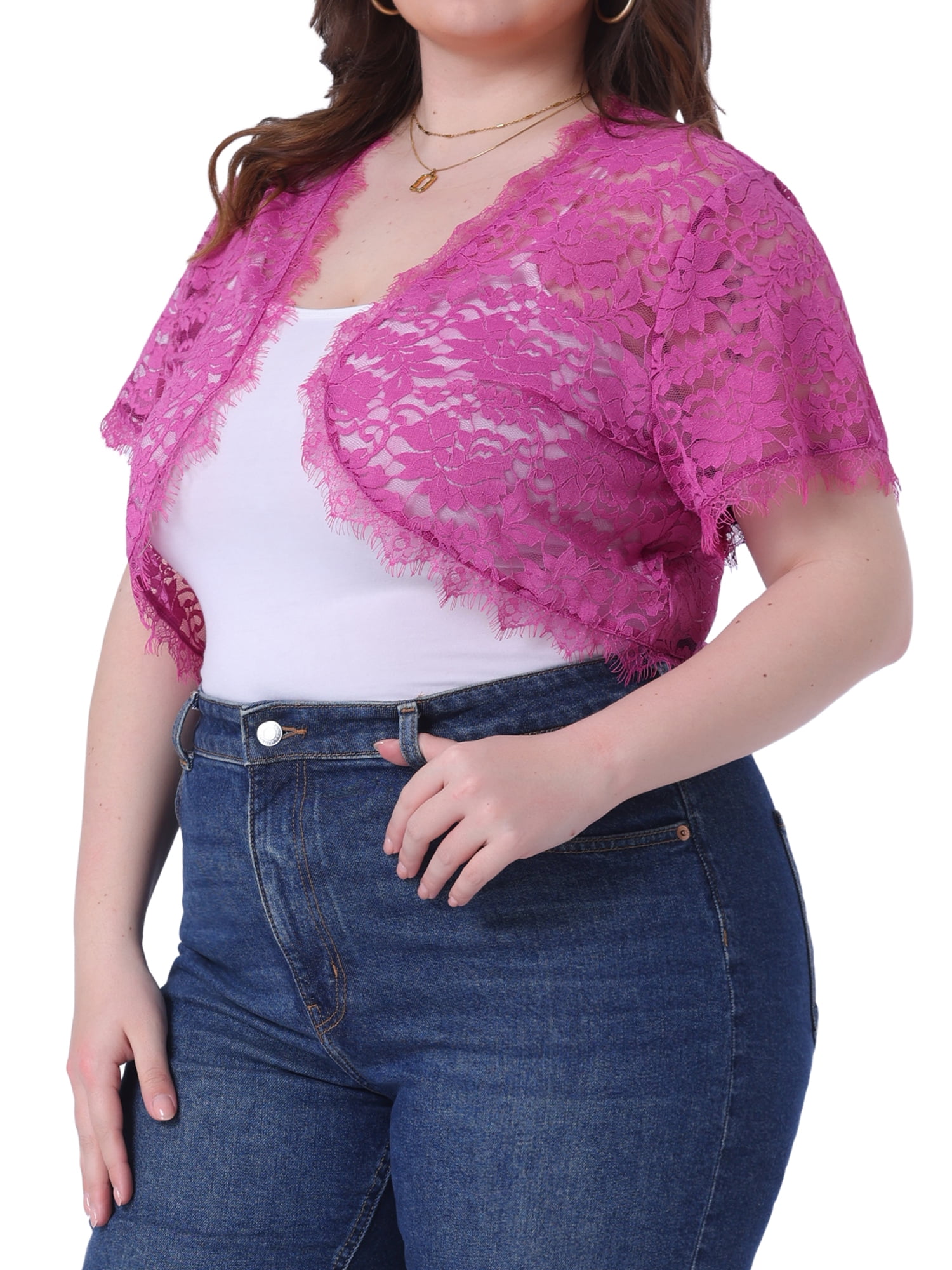 DARING DIVA Plus Size Sheer Shrug Floral Lace Shrugs Tops 1X Hot Pink