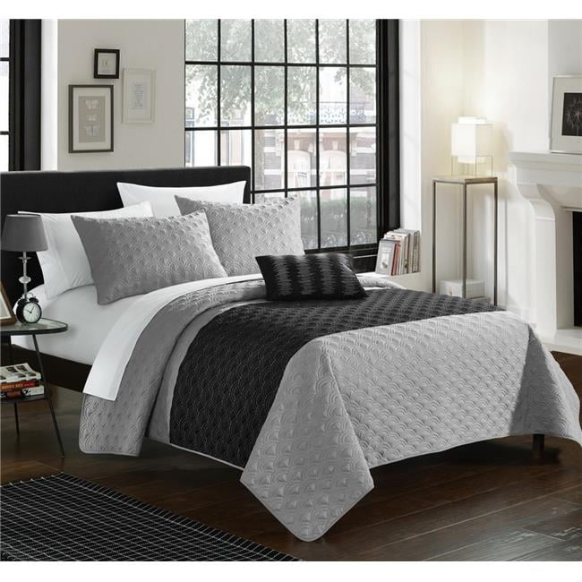 Chic Home QS1986-US 4 Piece Ellias Contemporary Two Tone Geometric  Embroidered Quilted Bed Cover Set, Queen