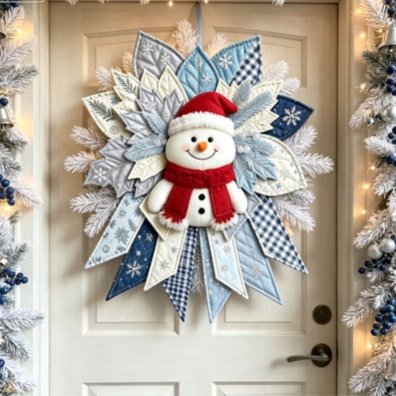 Festive Quilted Christmas Door Hanging DIY Sewing Kit, Christmas Winter Snowman Quilted Bow DIY Kit with Fabric,Batting,Thread,Templates&Instructions,Patchwork Hanging Decor Kit for Door Wall Display