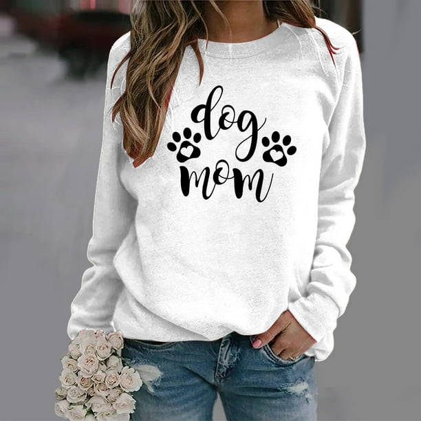 Puntoco Mujeres Casual Manga Larga Perro Pata Impresión O-Cuello tops Camisa Blusa Pullover Puntoco Puntoco-4481
