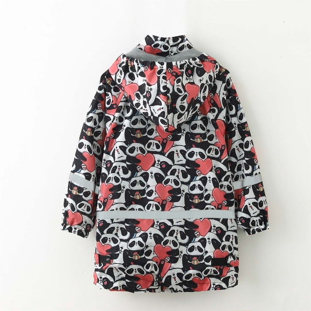 LSLJS Rainy Season Children's Raincoat Jacket Cute Print Hooded Mid-length Jacket with Pockets( Black, 3-4 Years)