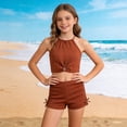 thumbnail image 5 of Girls Tankini Swimsuit 2 Piece Set – UPF 50+ Short Sleeve Bathing Suit with Shorts & Ruffle Top, Toddler Swimsuit for Beach Vacation Summer, Age 12-16(Brown/16Y), 5 of 7