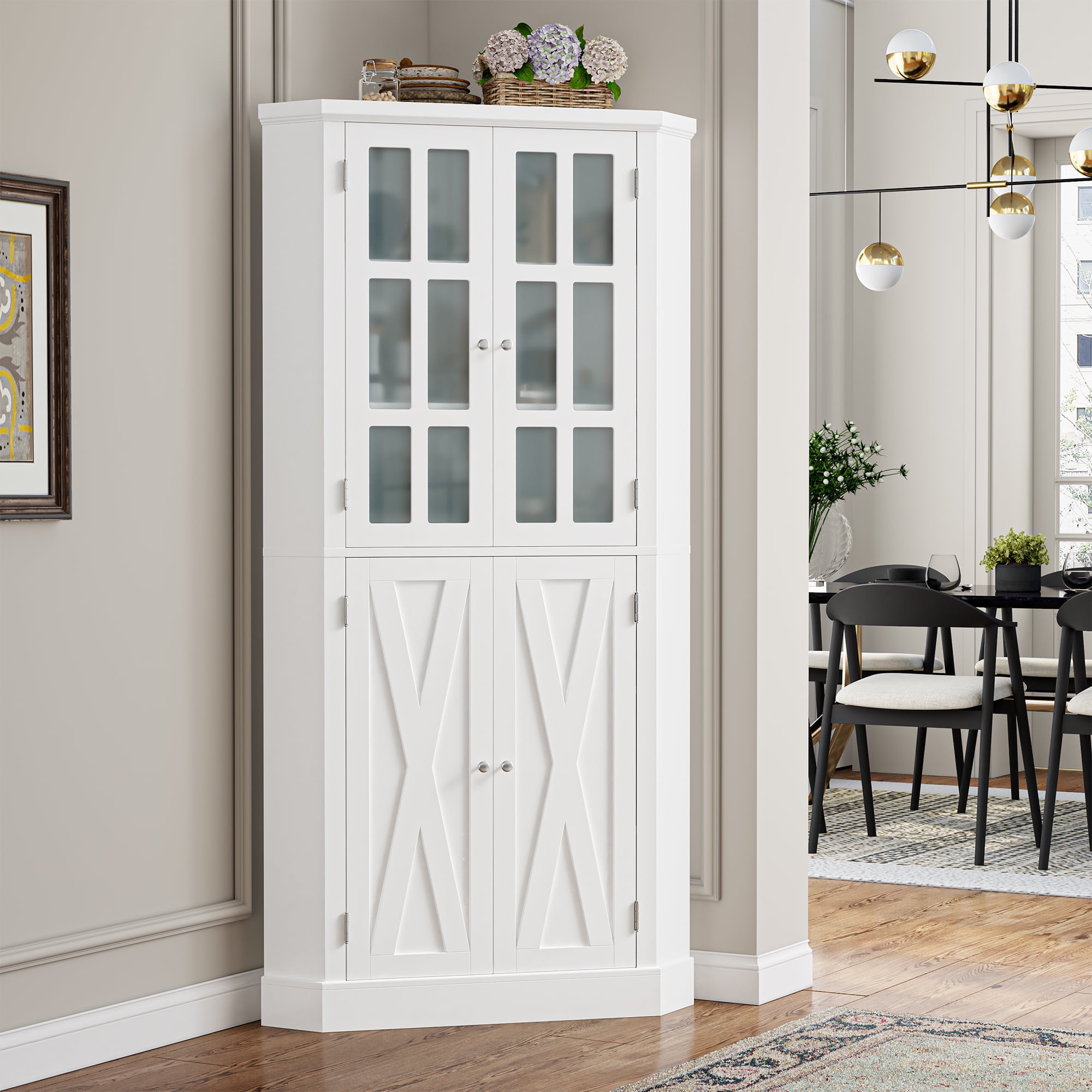 Home 67" Corner Cabinet with Doors, Wood Corner Hutch with Glass Doors, for Dining Room, Kitchen, Basement, White
