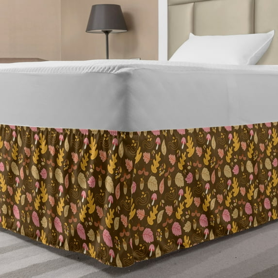 Autumn Bed Skirt, Colorful Seasonal Elements Leaves Fall down Oak Acorn Maple Leaf Print, Elastic Bedskirt Dust Ruffle Wrap Around for Bedding Decor, 4 Sizes, Umber and Pale Orange, by Ambesonne