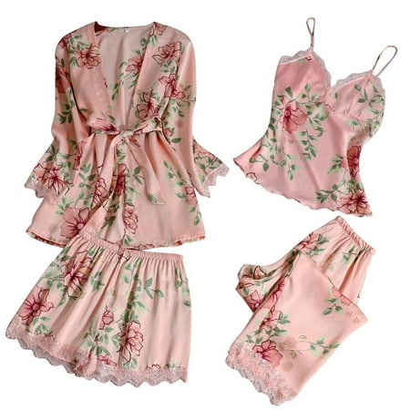 

BIZIZA Womens Pajama Sets Floral Long Sleeve V-Neck Robe Cami Pants 3 Piece Satin Comfortable Pink XXXXL