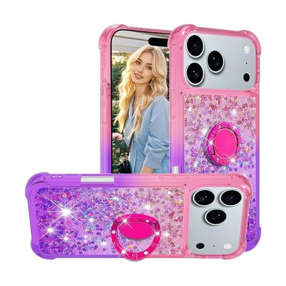 Gradient Liquid Glitter Case for Apple iPhone 17 Pro 6.3" with Ring Kickstand, Women Girls Cute Bling Heart Floating Sparkle Soft TPU Shockproof Cover for iPhone 17 Pro JB-Pink Purple
