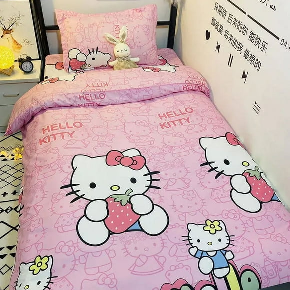 Sanrio Hello Kitty Cotton Bedding Set Cute Double Flat Sheet Duvet Cover Pillowcase Bed Linens Girl Dorm Bedclothes Textile