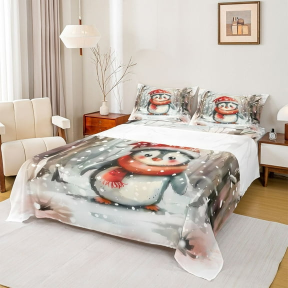 Manfei Cartoon Penguin 3pcs Twin Sheet Sets for Kids Teens,Winter Snowflake Twin Fitted Sheet,Merry Christmas Breathable Flat Sheet,Breathable Home Decor