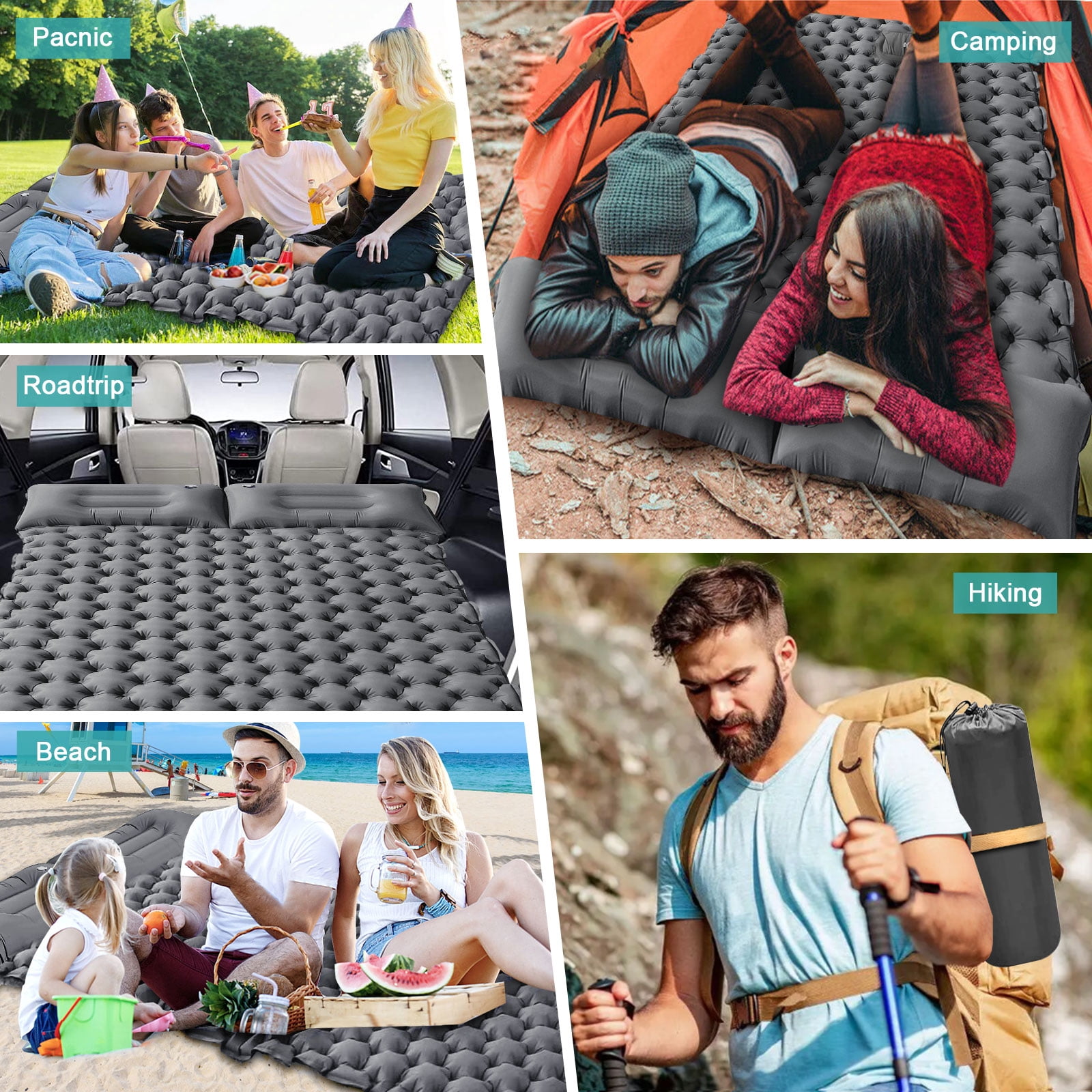 Eurhowing Double Sleeping Pad 4" Thick, 2 Person Inflatable Camping Mat with Foot Pump & Pillow, Portable Air Mattress for Backpacking Hiking Tent Travel, Gray