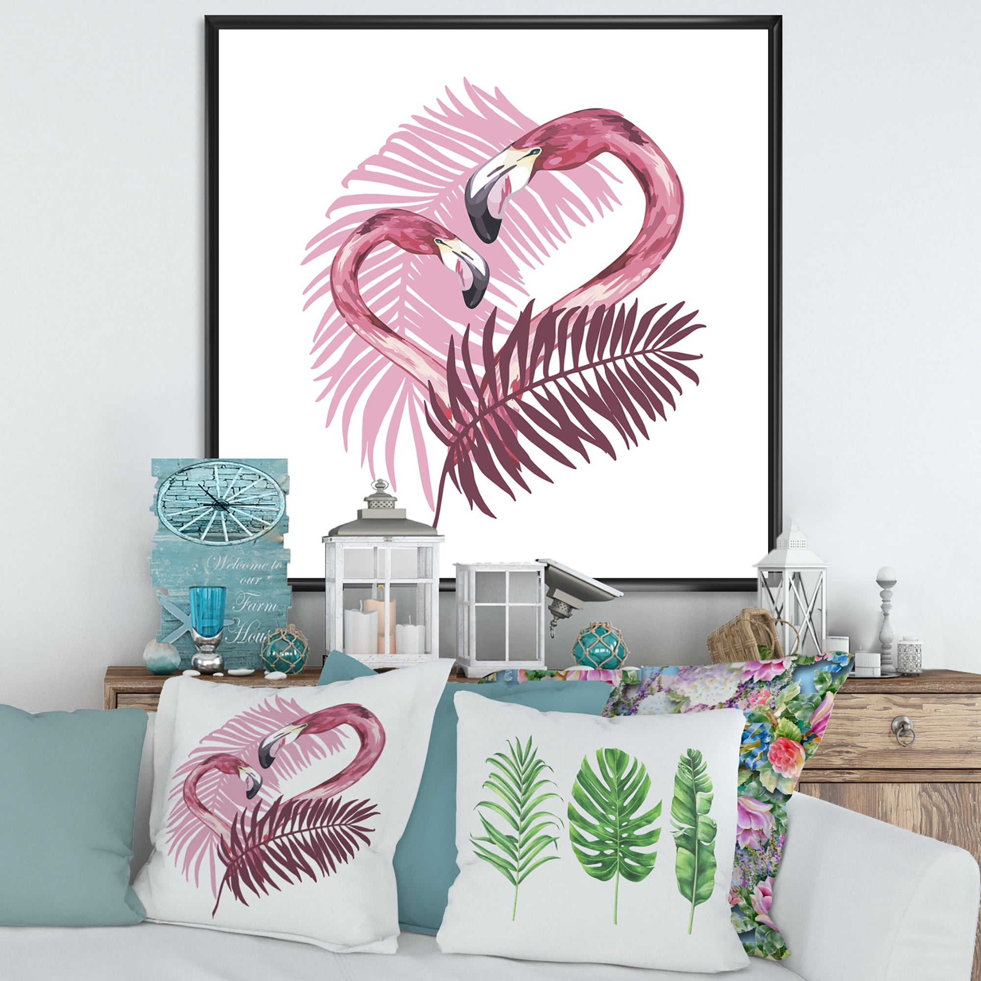 Designart 'Pink Flamingo In Tropical Summer II' Tropical Framed Canvas Wall Art Print