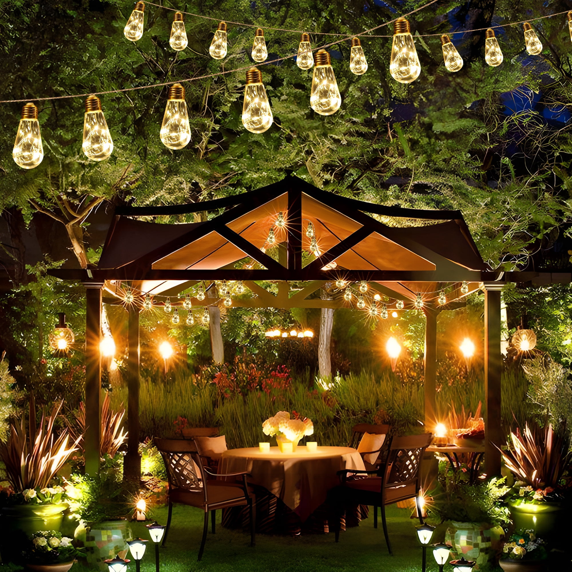 DAYBETTER 2Pack Solar Outdoor String Lights, 40ft/8Light Modes/32Bulbs Vintage Rope Hemp Solar Powered String Lights for Fence Patio Garden Yard Room Decor