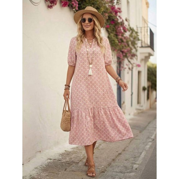 Womens Pink Boho Geometric Print V-Neck Tiered Midi Dress