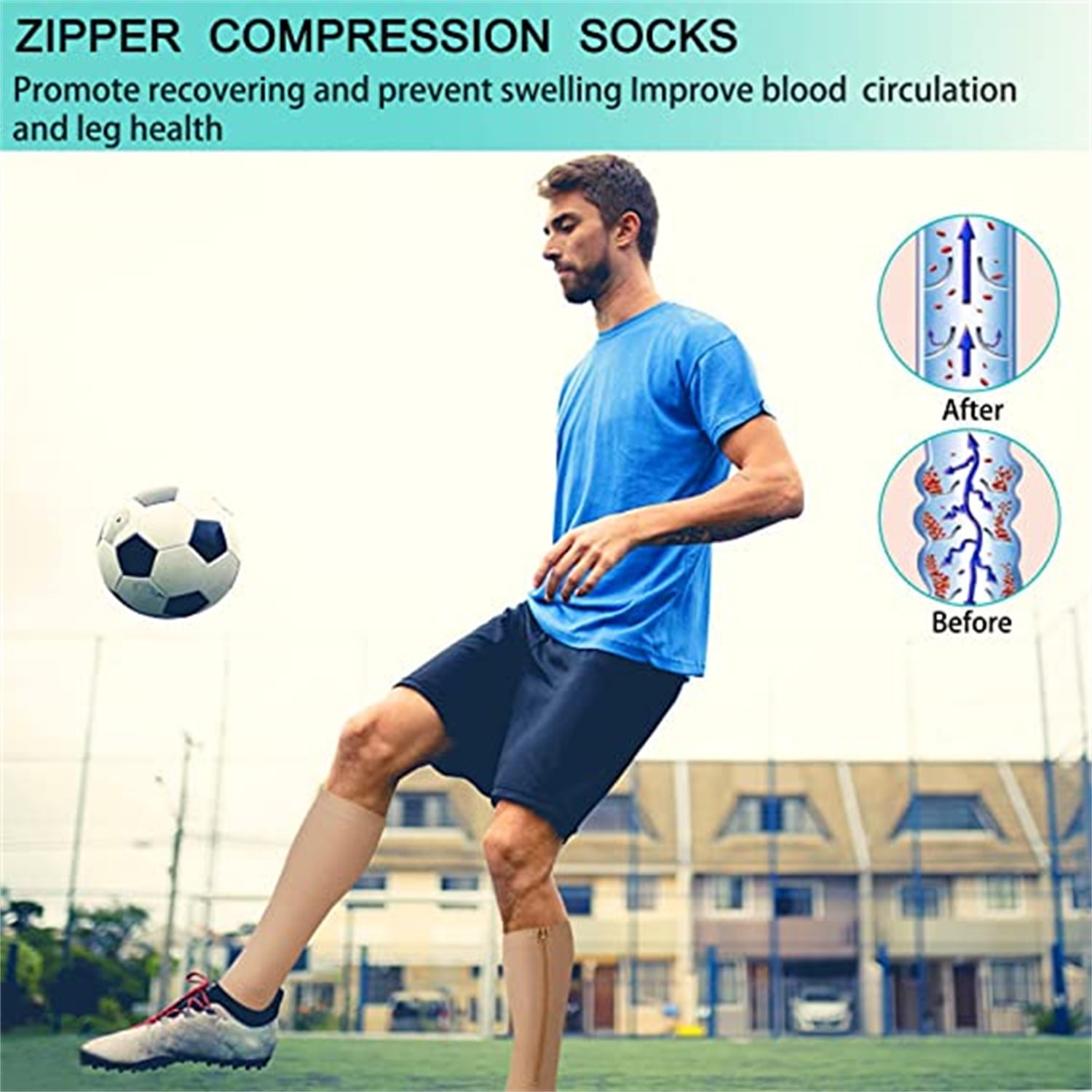 2 Pairs Wukang 15-20 mmHg Beige L/XL Size Zipper Compression Socks Closed Toe Knee High Compression Stockings for Men & Women