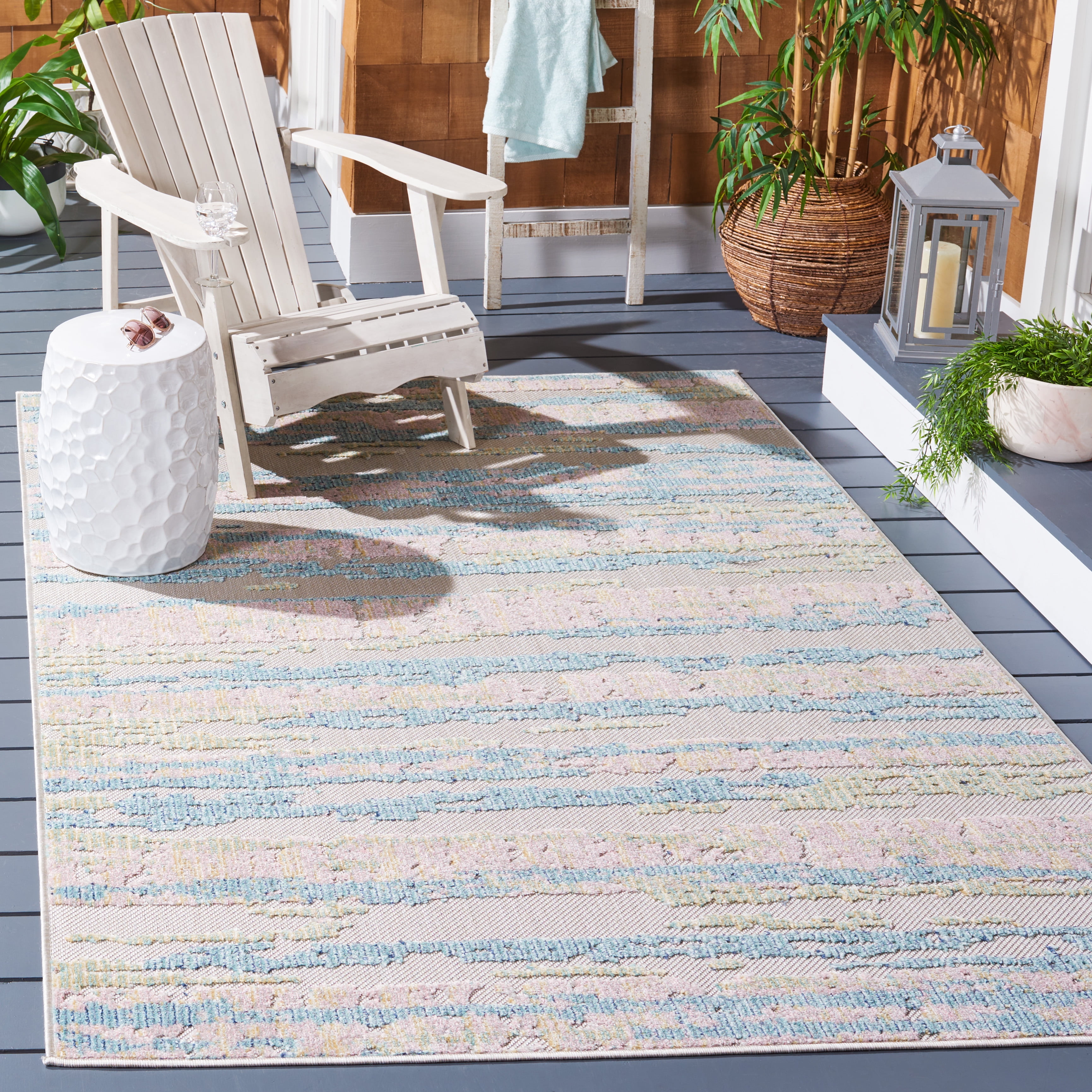 Safavieh  Cabana Maybritt Indoor/ Outdoor Boho Rug 5'3" x 7'6" - Aqua/Pink