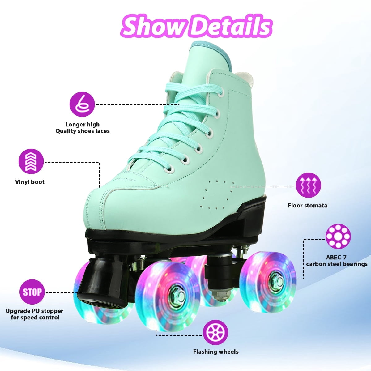 EONROACOO Kids Adult Roller Skates for Women Men, Light up Roller Sktes, Green(Women 8/Men 6.5)