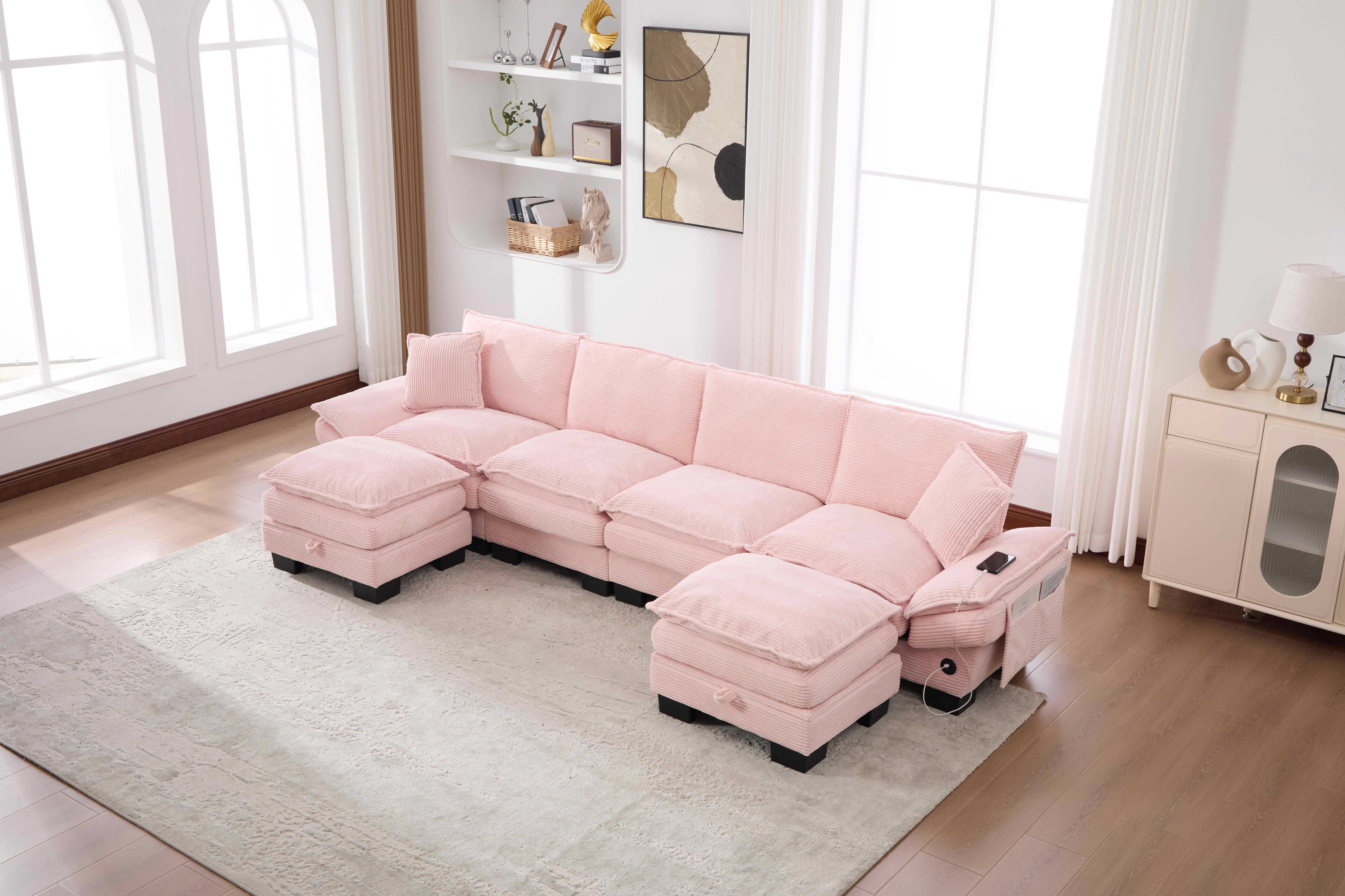 MAYEERTY Multi-Config Cloud Corduroy Modular Sofa, Deep Seat Sectional Couch with Storage Footstool & USB Ports for Small Apartment