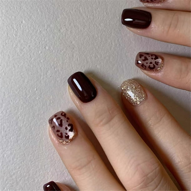 24Pc Square Press on Nail Leopard Design French Fake Nail Acrylic False Nail,Artificial Nail Glues on Nail for Women