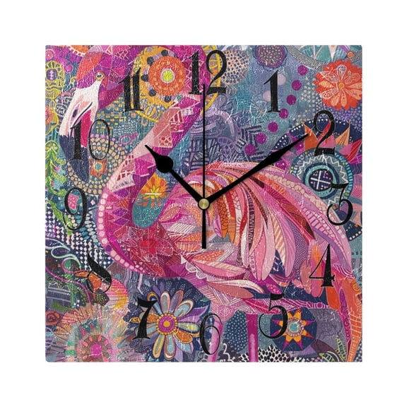 Pink Flamingo Wall Clock Decorative Square Silent Non-Ticking Operated Clocks Aesthetic for Bedroom Living Room