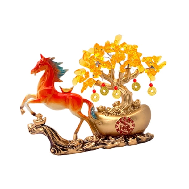Figura de casa del árbol de escritorio de resina, árbol del dinero de la suerte en caballo, estatua Feng Shui para Rojo naranja