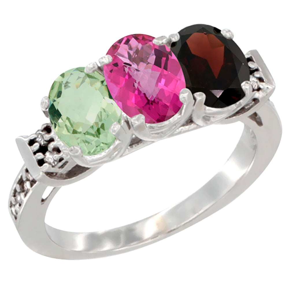 10K White Gold Natural Green Amethyst, Pink Topaz & Garnet Ring 3-Stone Oval 7x5 mm Diamond Accent, sizes 5 10 by WorldJewels