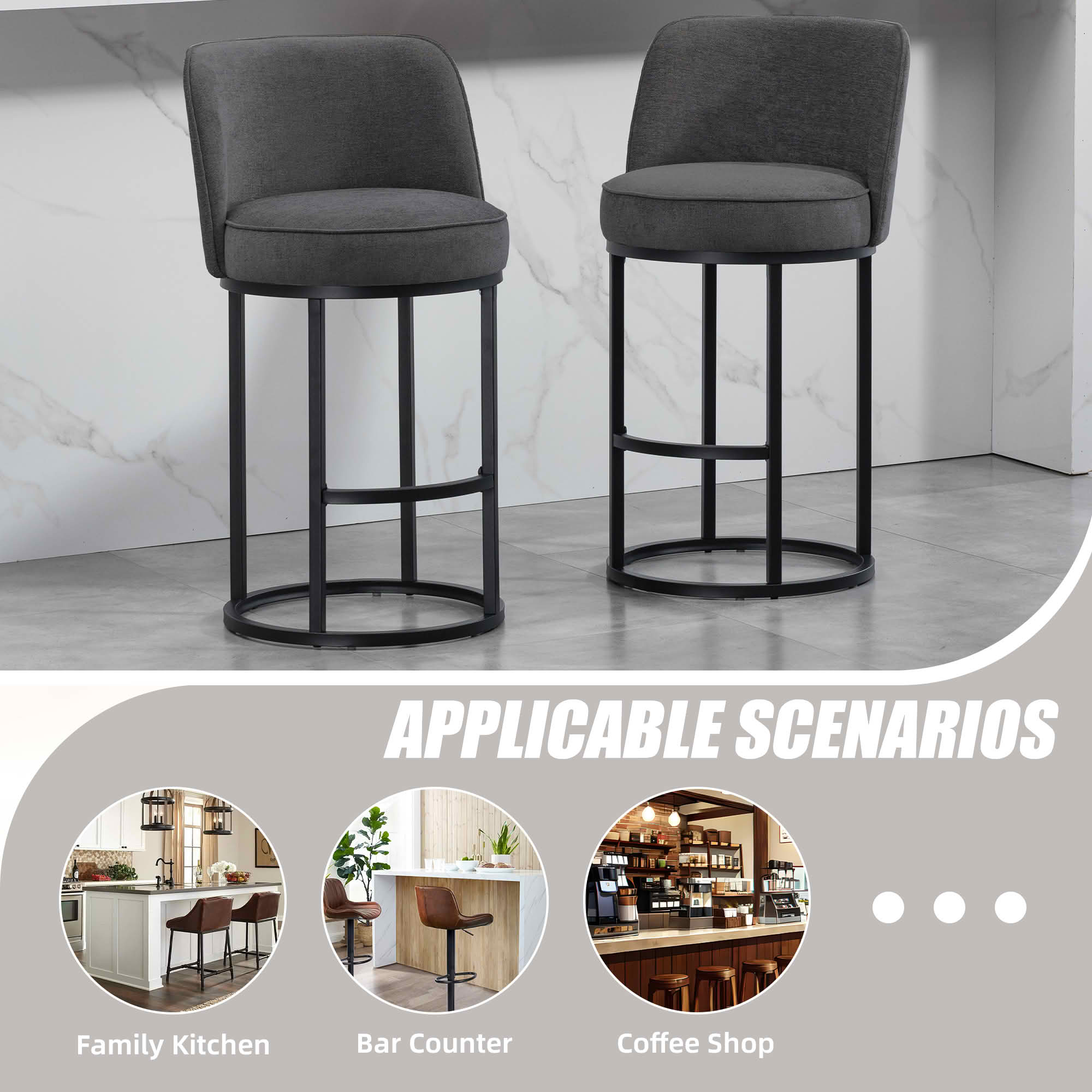 MAYEERTY Counter Height Bar Stools Set of 2, Barrel Back Linen Accent Stools with Footrest for Kitchen, Gray
