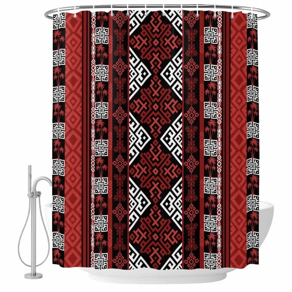 Red Black Boho Shower Curtain Set - Extra Long 72" x 96" Washable Bathtub Curtain with 12 Hooks, Geometric Vintage Abstract Art Waterproof Fabric Stall Shower Curtains for Bathroom/Bathtub Décor
