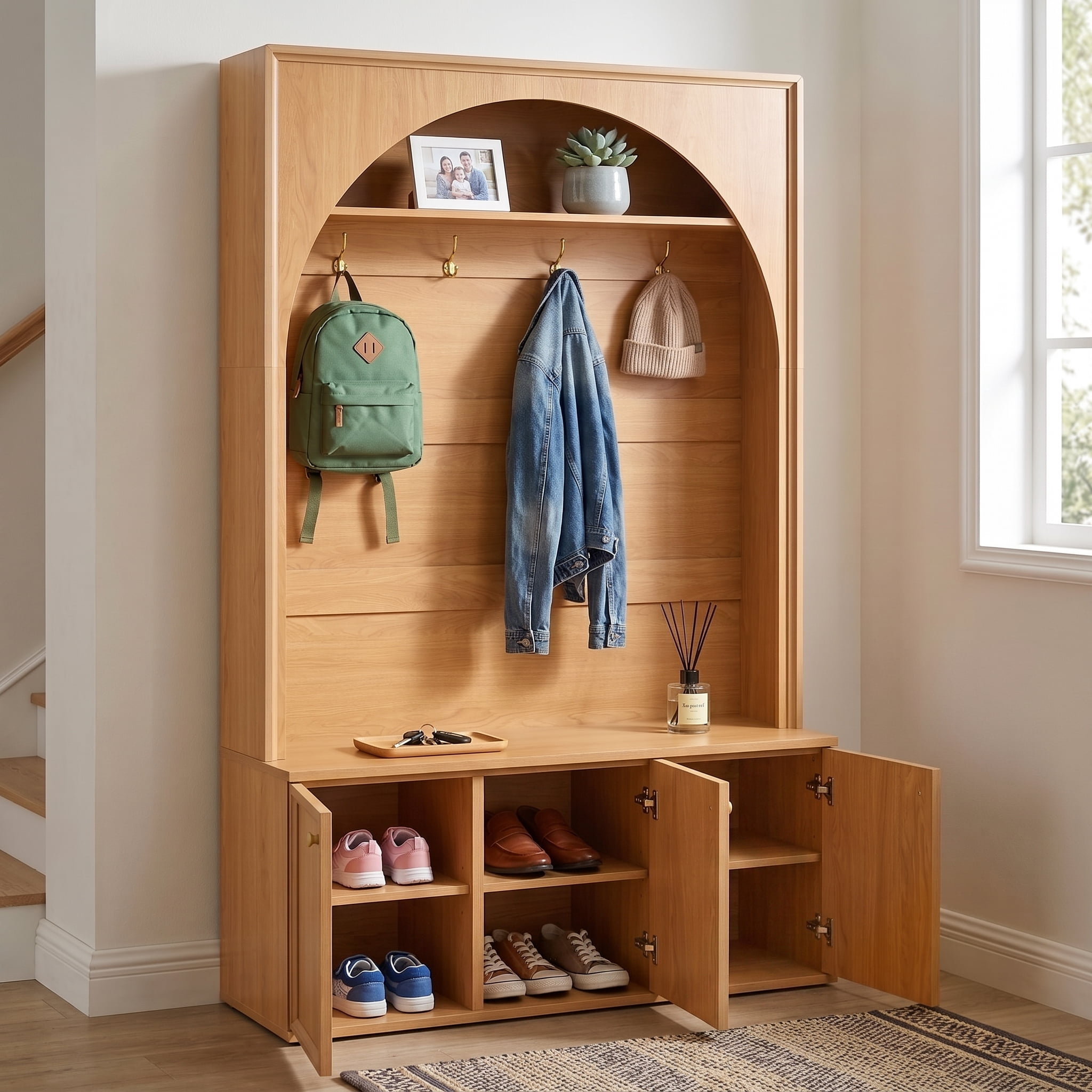 Homy Casa 48.7" Modern Arched Hall Tree with Coat Hooks & Hidden Shoe Cabinet, Natural Oak