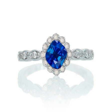 1.25 Carat Cushion Cut Classic Flower Design Antique Sapphire and Diamond Engagement Ring on 10k White Gold
