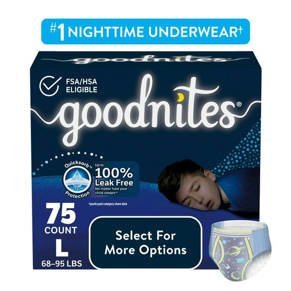 Goodnites Boys Nighttime Bedwetting Underwear, L (68-95 lbs), 75 Count (Select for More)
