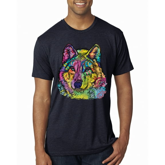 Colorful Majestic Neon Atric Wolf | Dean Russo Art Animal Lover Mens Premium Tri Blend T-Shirt, Vintage Navy, XL