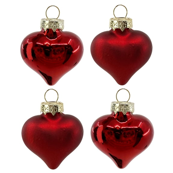 Blown Glass Hearts - Set of 4 Red Hearts Christmas Tree Holiday Decoration, 2 inch