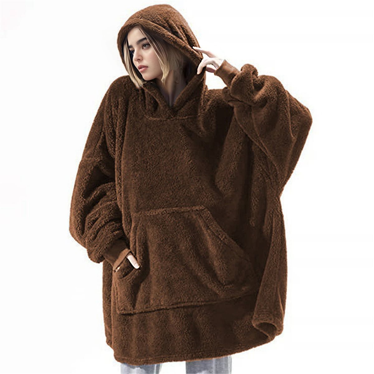 Oversized Blanket Hoodie Sweatshirt, Wearable Lounging Pullover for Adults Women Men Brown One size