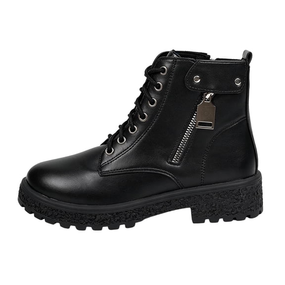 hzomhy Womens Ankle Boots Round Toe Front Lacing Side Zipper Thick Sole Low Block Heel for Casual Fall Winter Wear