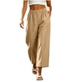 thumbnail image 3 of Women's Linen Cropped Wide Leg Pants, Button Elastic Waist, Side Pockets, Breathable Loose Capri Trousers For Summer Daily Wear Coffee,L, 3 of 10
