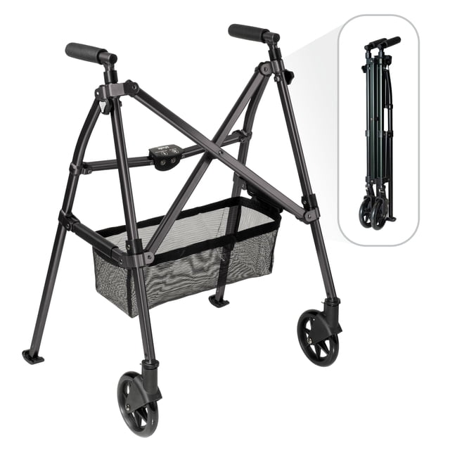 Andador Stander Wonder Walker Plus, ligero y plegable, con ruedas, deslizadores y bolsa, para adultos y personas mayores. Plegable y fácil de transportar, color negro mate.