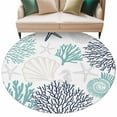 thumbnail image 2 of Teal Navy Blue Coastal 7ft Round Rug, Summer Beach Coral Shell Ocean Non-Skid Rubber Backing Large Area Rugs - Living Room Bedroom Home Office, Indoor Floor Mat Carpets Washable Rug, 2 of 9