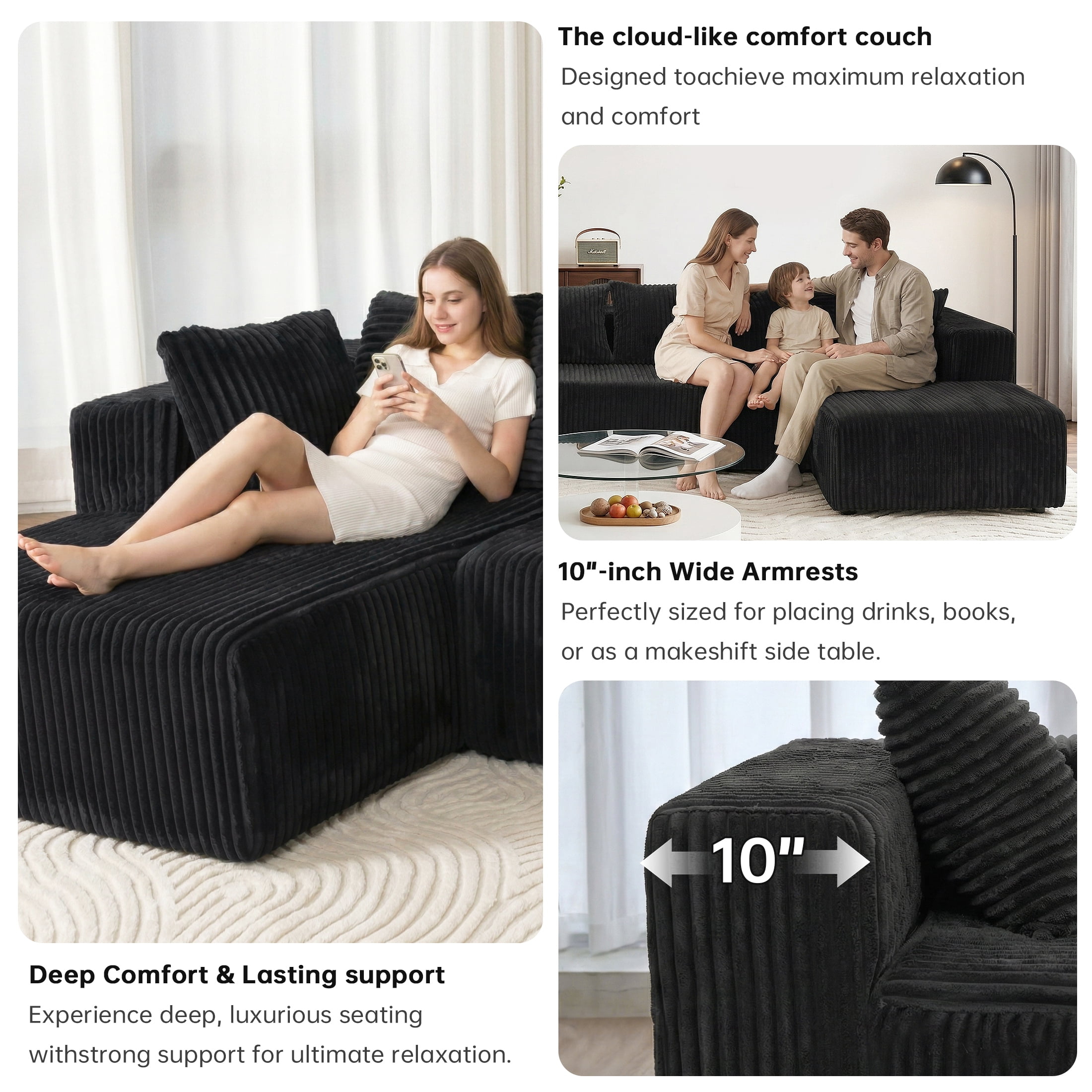 SEENYOO 130" Boneless Sectional Sofa, Cloud Couches for Living Room, U-Shaped 4-Seat Modular Sofa with Chaise, Oversized, No Assembly, Black