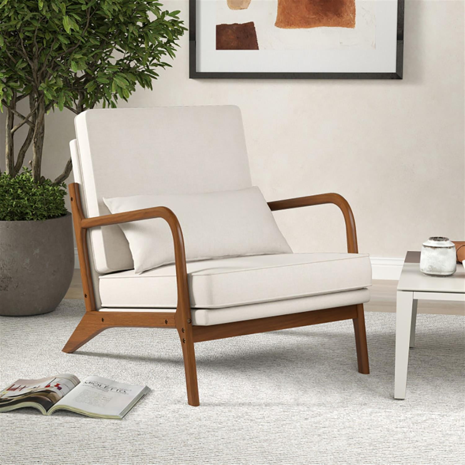 Demi Bonn Modern Accent Chair, Elegant Armchair with Rubber Wood Armrests and Removable Back, Suitable for Living Room Bedroom Reception Room Office, Beige